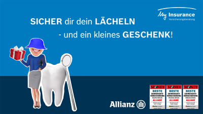 Frau mit Geschenk in der Hand steht neben Riesenzahn