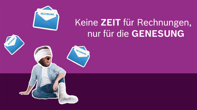 Verletzter Mann sitzt auf dem Boden, Rechnungen fliegen um ihn herum.