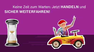 Links eine Sanduhr; Rechts eine Frau, die im Auto sitzt und nach rechts fährt. Oben: Titel