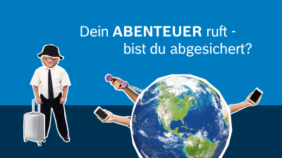 Mann mit Koffer neben der Weltkugel