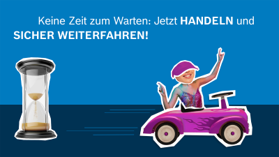Links eine Sanduhr; Rechts eine Frau, die im Auto sitzt und nach rechts fährt. Oben: Titel