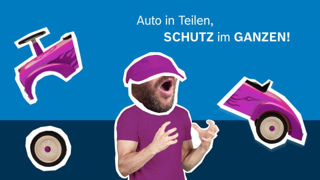 Drei Teile eines Autos über das gesamte Bild verteilt. In der Mitte ein Mann, der schreit.