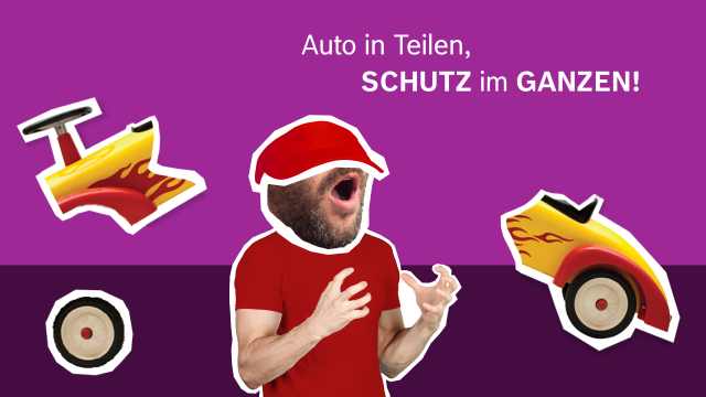 Drei Teile eines Autos über das gesamte Bild verteilt. In der Mitte ein Mann, der schreit.